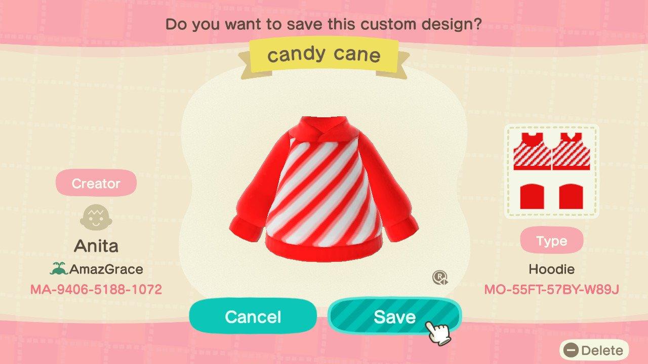 Animal Crossing Design Code: MO-55FT-57BY-W89J Candy cane hoodie