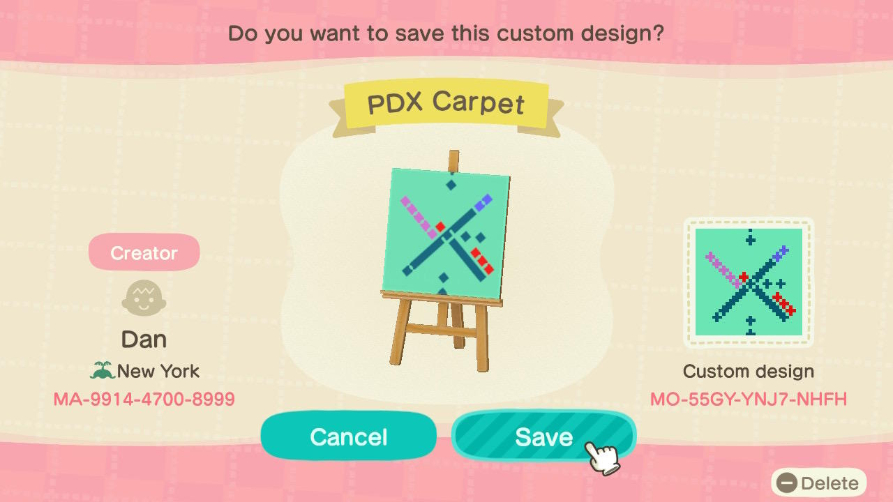 Animal Crossing Design Code: MO-55GY-YNJ7-NHFH PDX Carpet