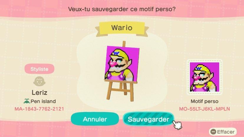 Animal Crossing Design Code: MO-55LT-J6KL-MPLN Wario