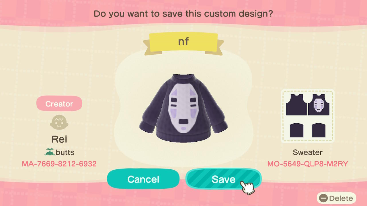Animal Crossing Design Code: MO-5649-QLP8-M2RY No Face