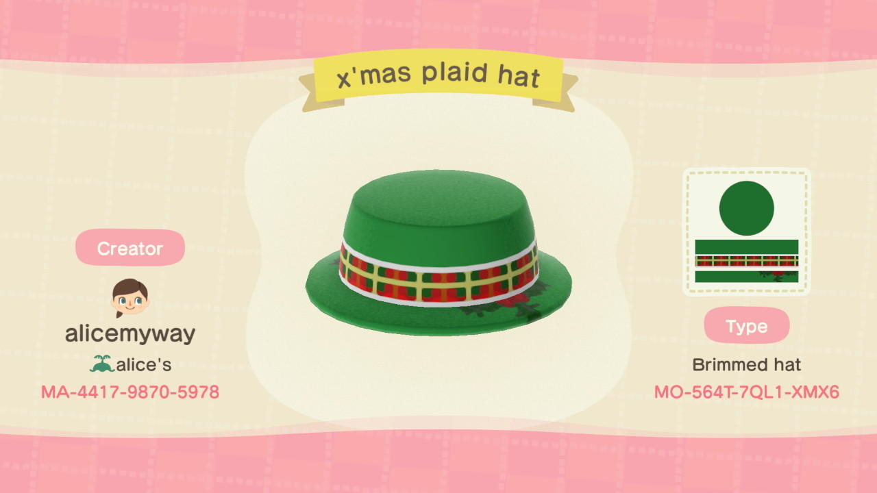 Animal Crossing Design Code: MO-564T-7QL1-XMX6 Christmas plaid hat