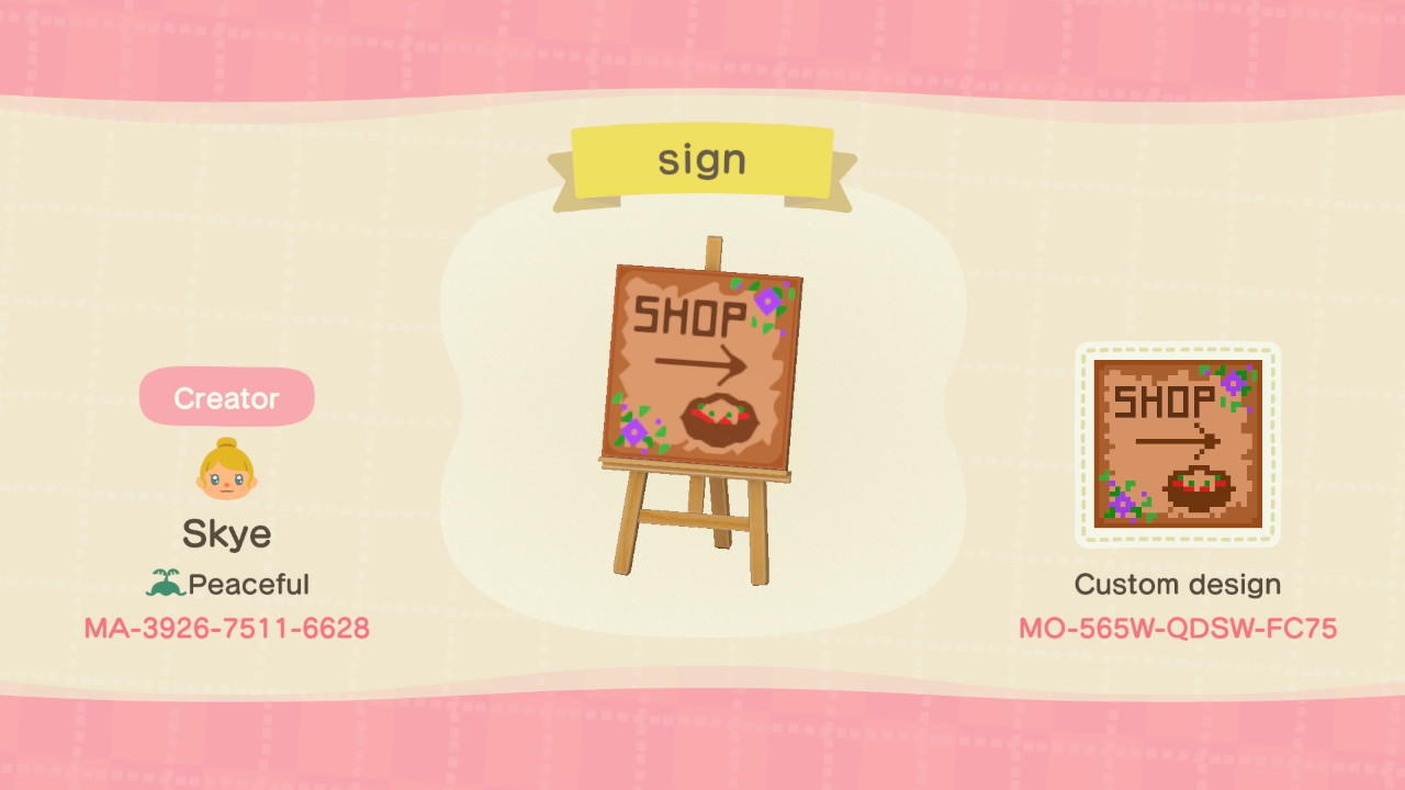 Animal Crossing Design Code: MO-565W-QDSW-FC75 Shop Sign
