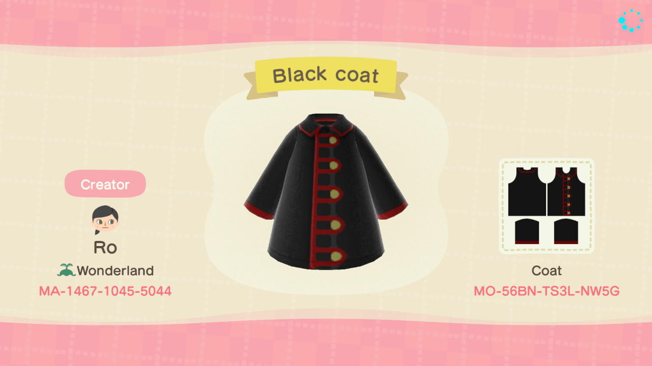 Animal Crossing Design Code: MO-56BN-TS3L-NW5G Black coat