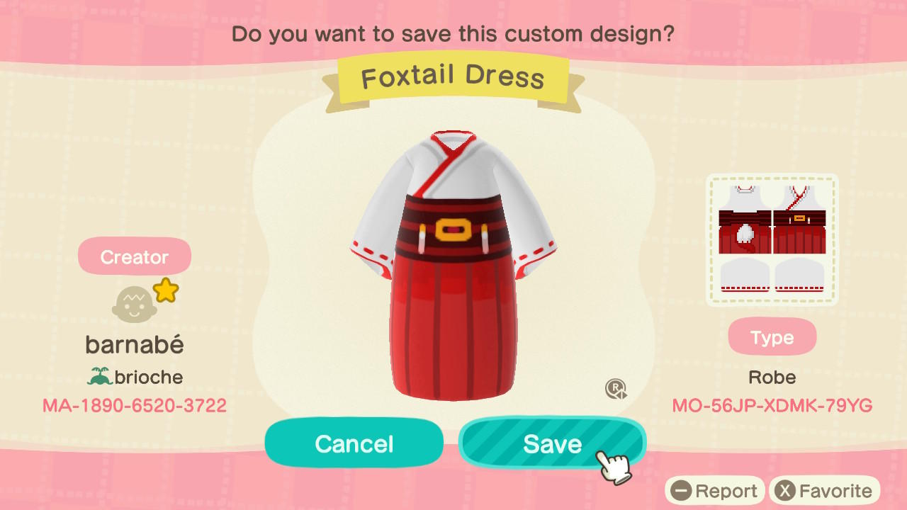 Animal Crossing Design Code: MO-56JP-XDMK-79YG Foxtail Dress