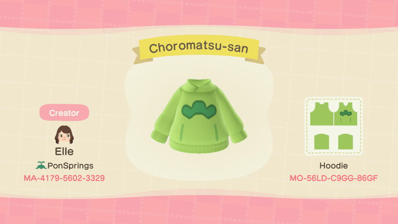 Animal Crossing Design Code: MO-56LD-C9GG-86GF Choromatsu-San