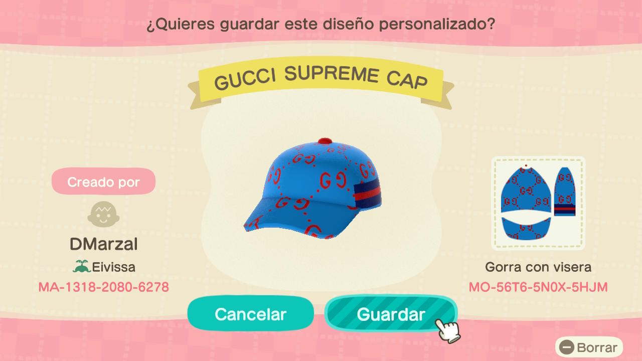 Animal Crossing Design Code: MO-56T6-5N0X-5HJM GUCCI SUPREME CAP