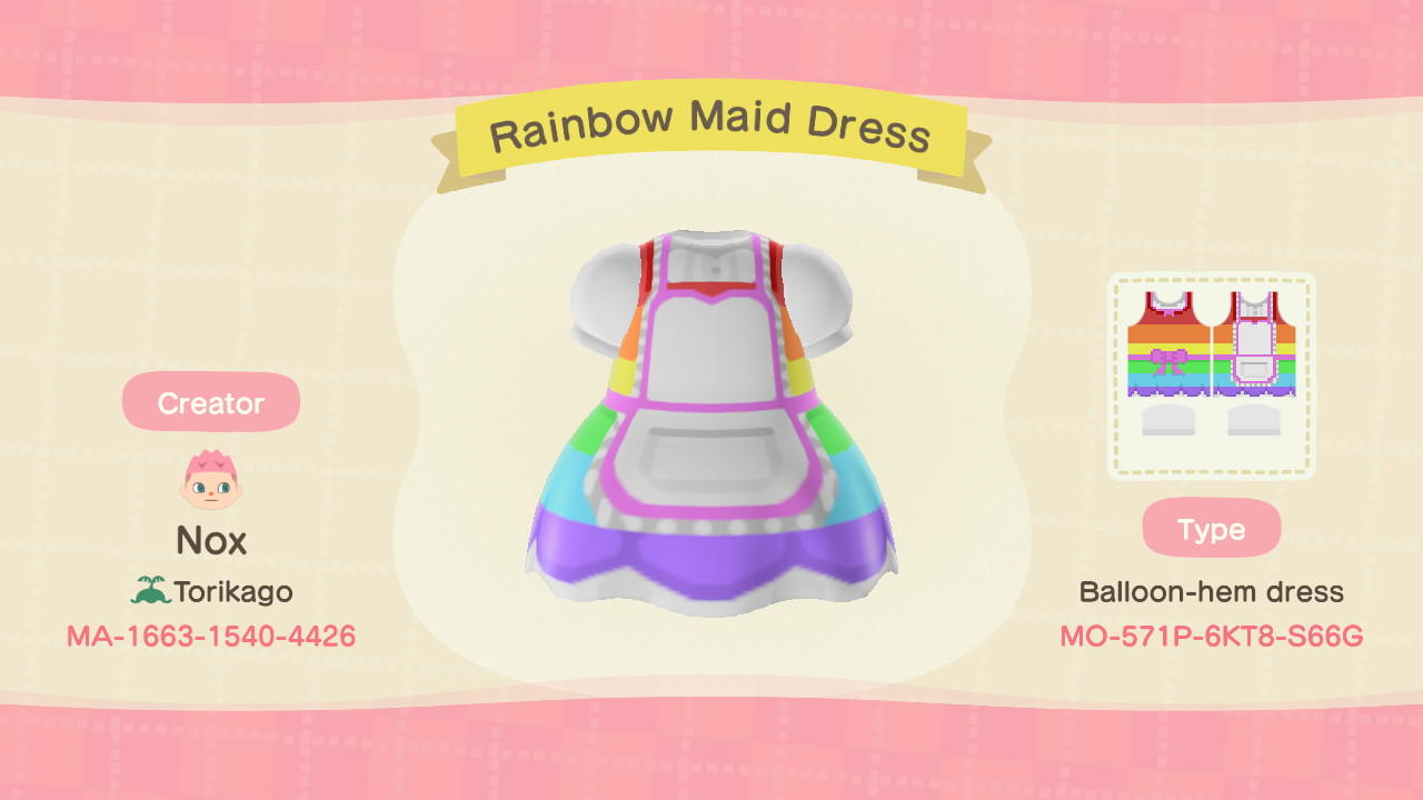 Animal Crossing Design Code: MO-571P-6KT8-S66G Rainbow Maid Dress