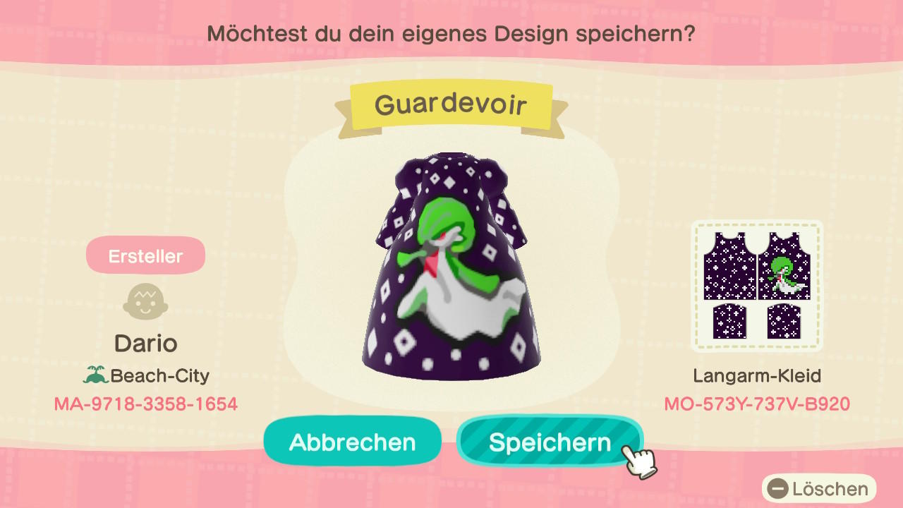 Animal Crossing Design Code: MO-573Y-737V-B920 Guardevoir Pokemon