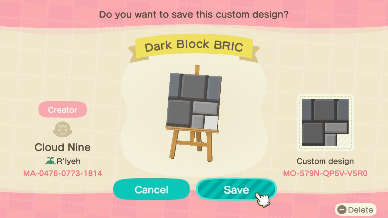 Animal Crossing Design Code: MO-579N-QP5V-V5R0 Dark Block BRIC
