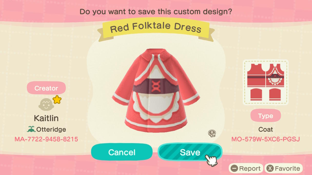 Animal Crossing Design Code: MO-579W-5XC6-PGSJ Red Folktale Dress