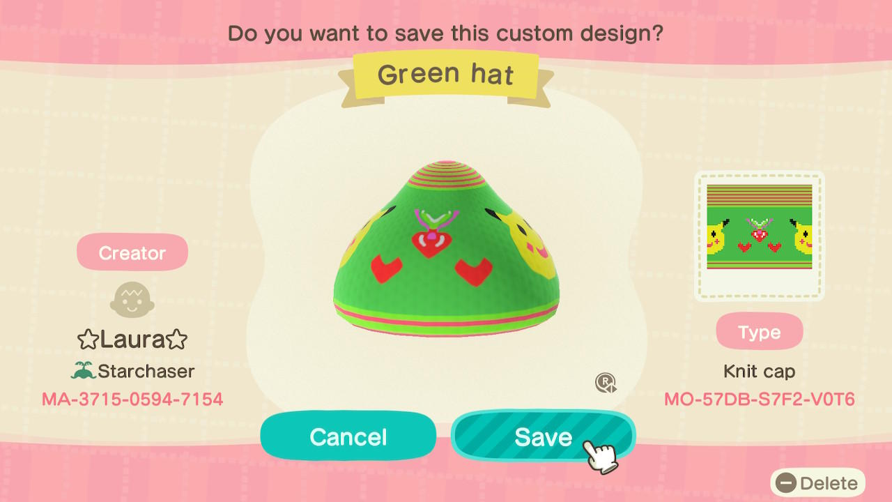 Animal Crossing Design Code: MO-57DB-S7F2-V0T6 Green hat