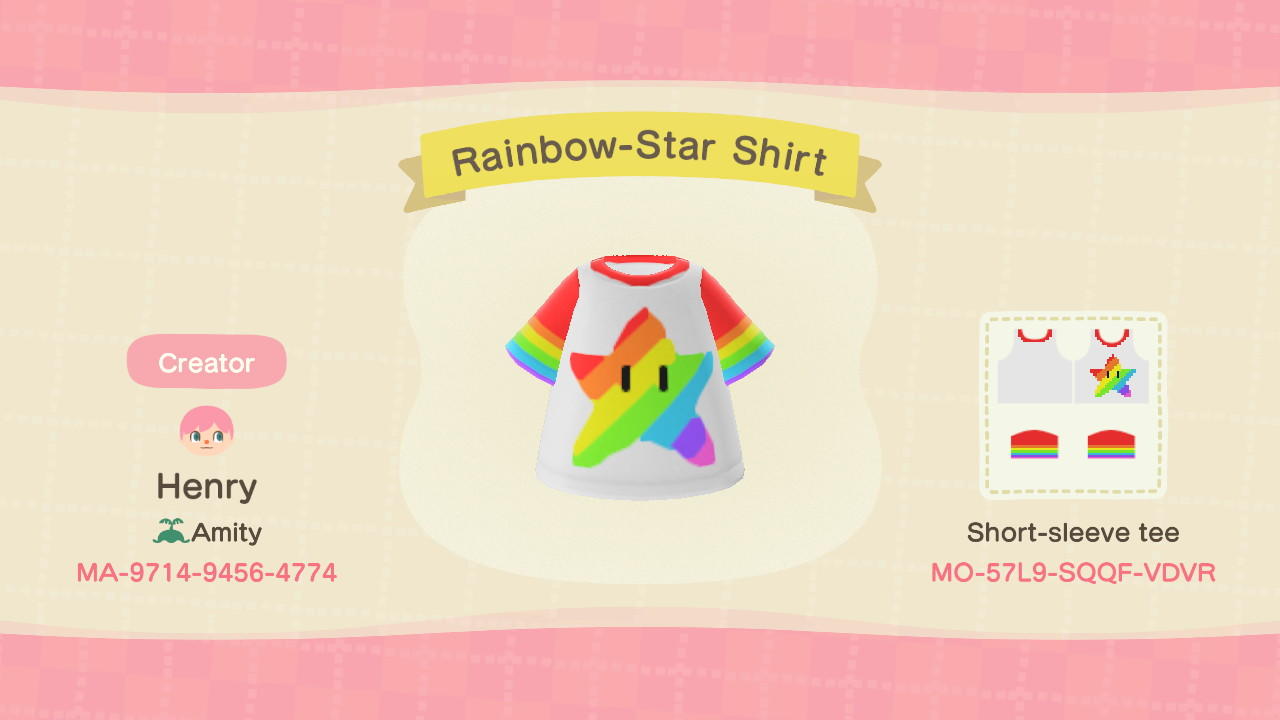 Animal Crossing Design Code: MO-57L9-SQQF-VDVR Rainbow Star Shirt