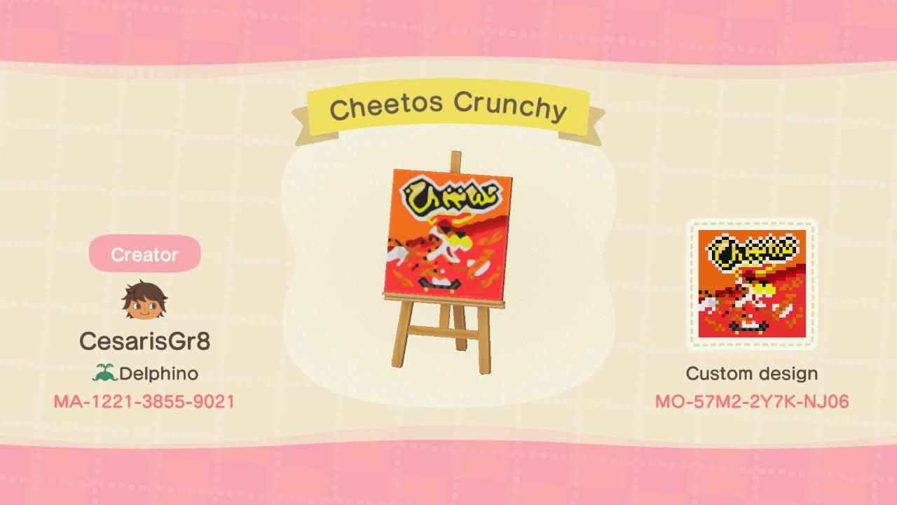 Animal Crossing Design Code: MO-57M2-2Y7K-NJ06 Cheetos Crunchy
