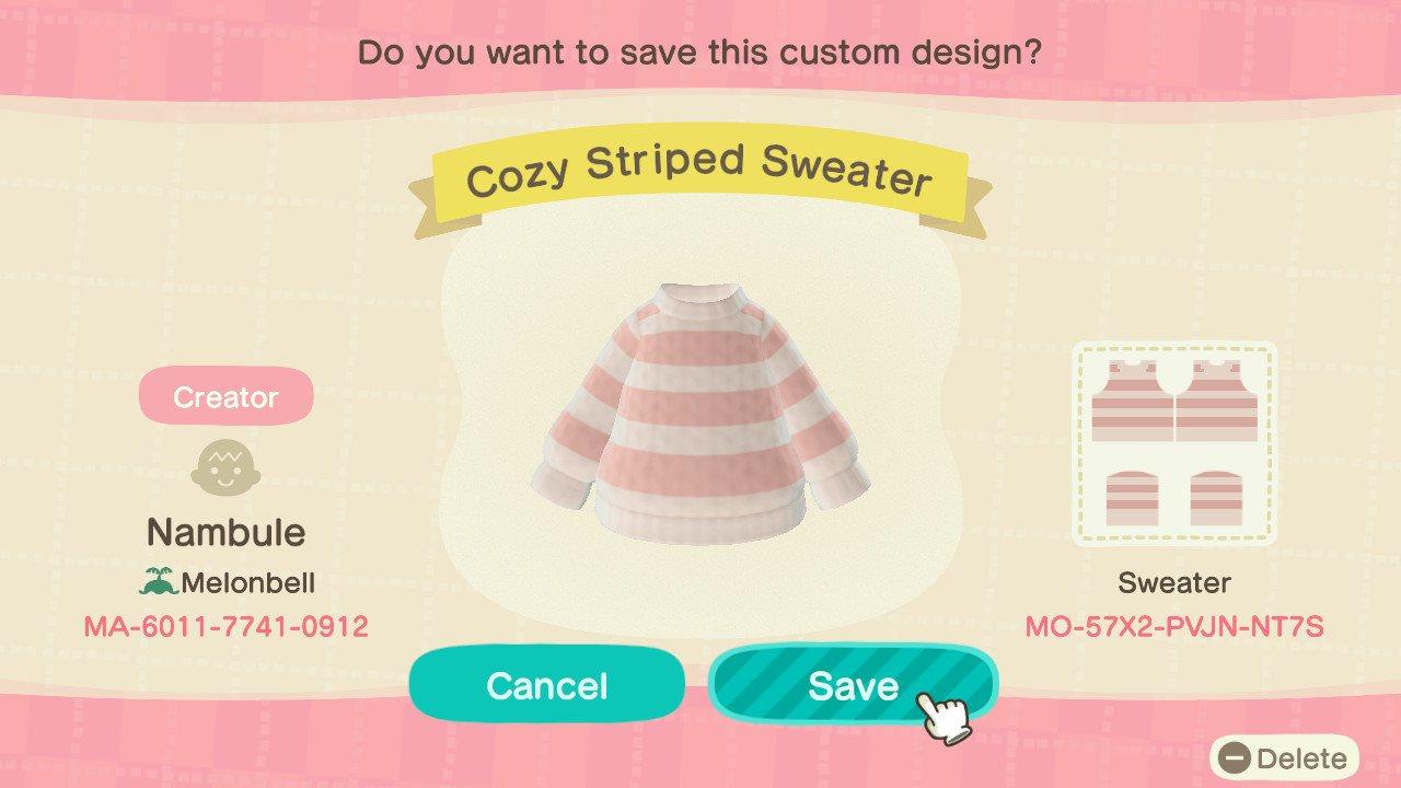 Animal Crossing Design Code: MO-57X2-PVJN-NT7S Cozy Striped Sweater