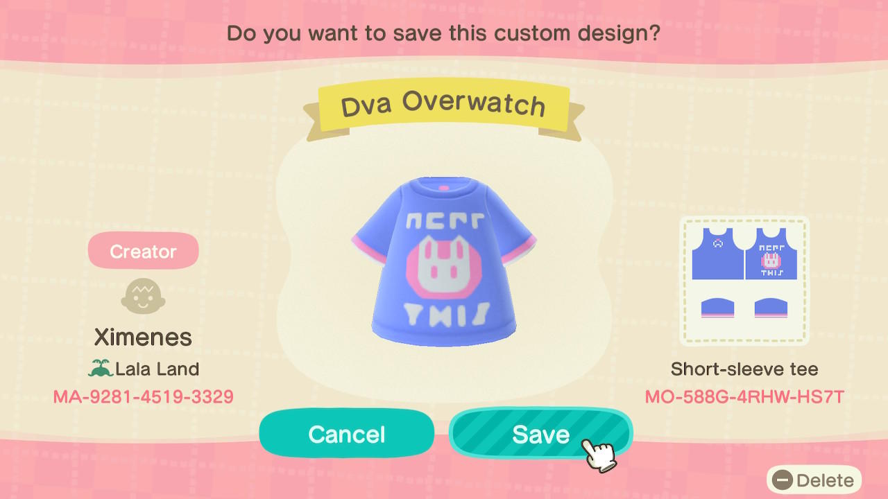 Animal Crossing Design Code: MO-588G-4RHW-HS7T Dva Overwatch