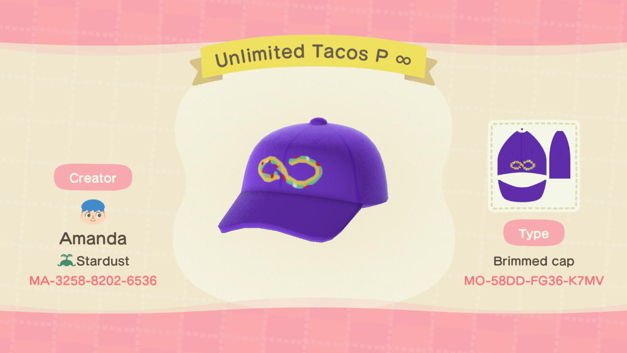 Animal Crossing Design Code: MO-58DD-FG36-K7MV Unlimited Tacos P