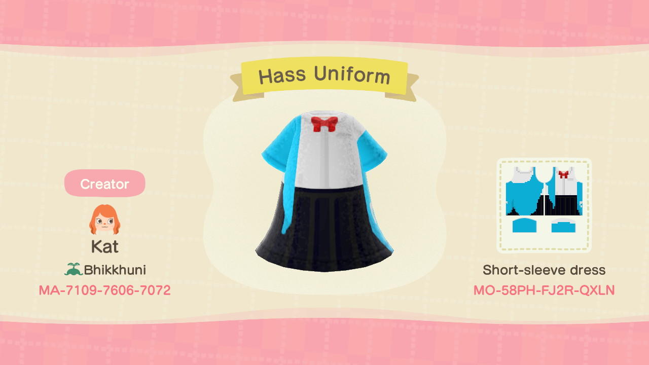 Animal Crossing Design Code: MO-58PH-FJ2R-QXLN Hass's Uniform