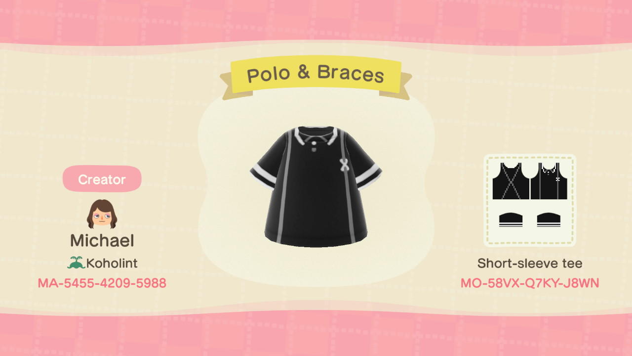 Animal Crossing Design Code: MO-58VX-Q7KY-J8WN Polo Shirt & Braces