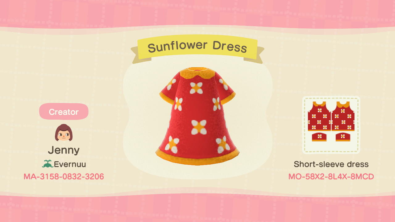 Animal Crossing Design Code: MO-58X2-8L4X-8MCD Sunflower Dress