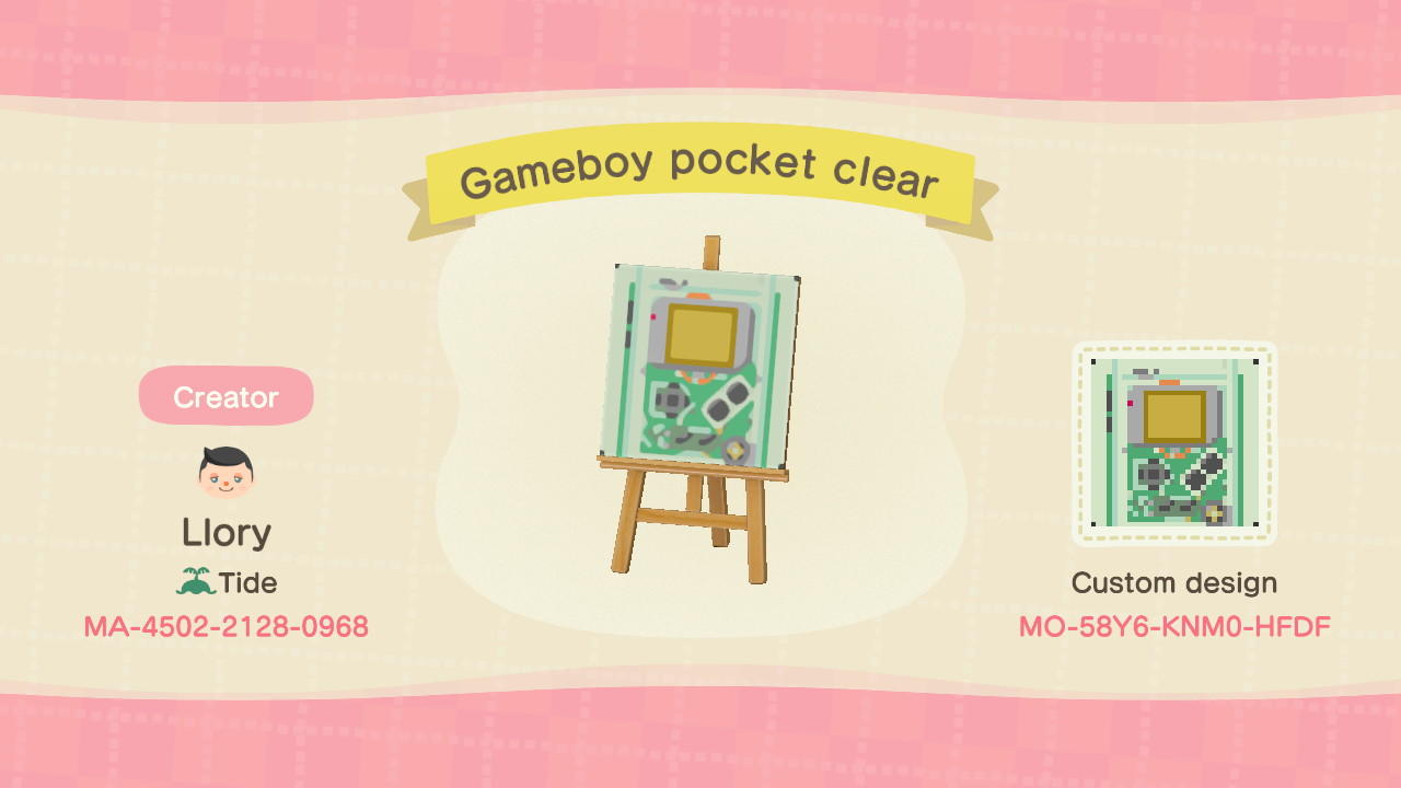 Animal Crossing Design Code: MO-58Y6-KNM0-HFDF Clear Gameboy case
