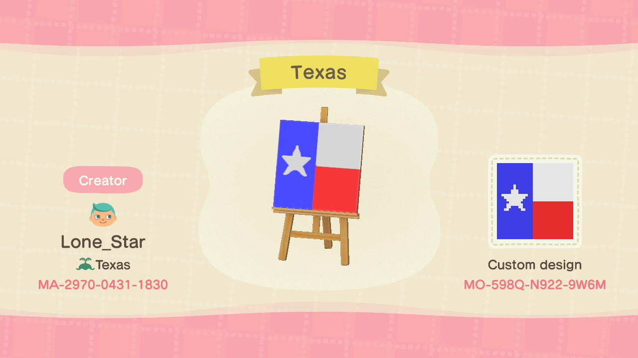 Animal Crossing Design Code: MO-598Q-N922-9W6M Texas