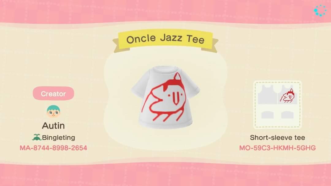 Animal Crossing Design Code: MO-59C3-HKMH-5GHG Oncle Jazz Tee