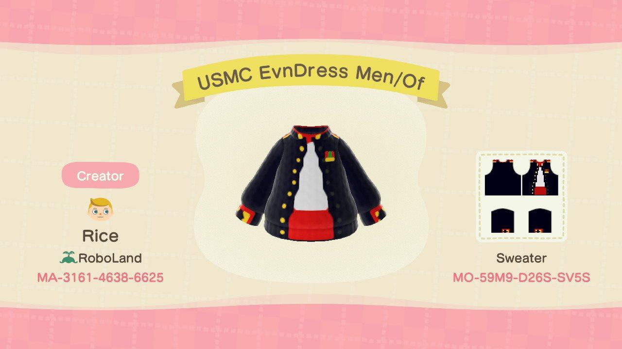 Animal Crossing Design Code: MO-59M9-D26S-SV5S USMC EvnDress Men/Of