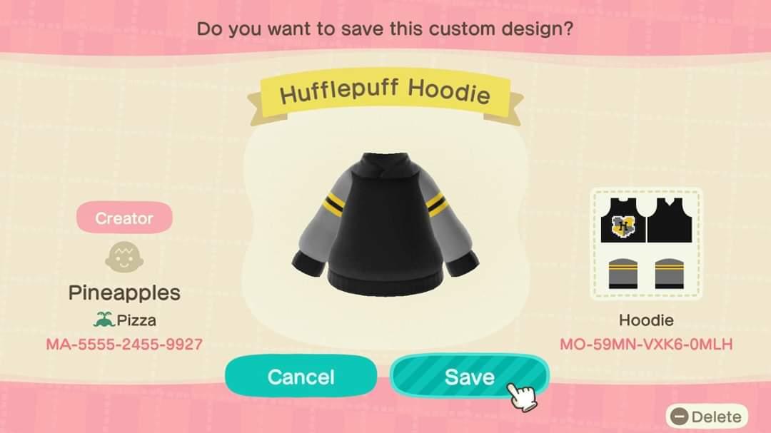 Animal Crossing Design Code: MO-59MN-VXK6-0MLH Hufflepuff Hoodie