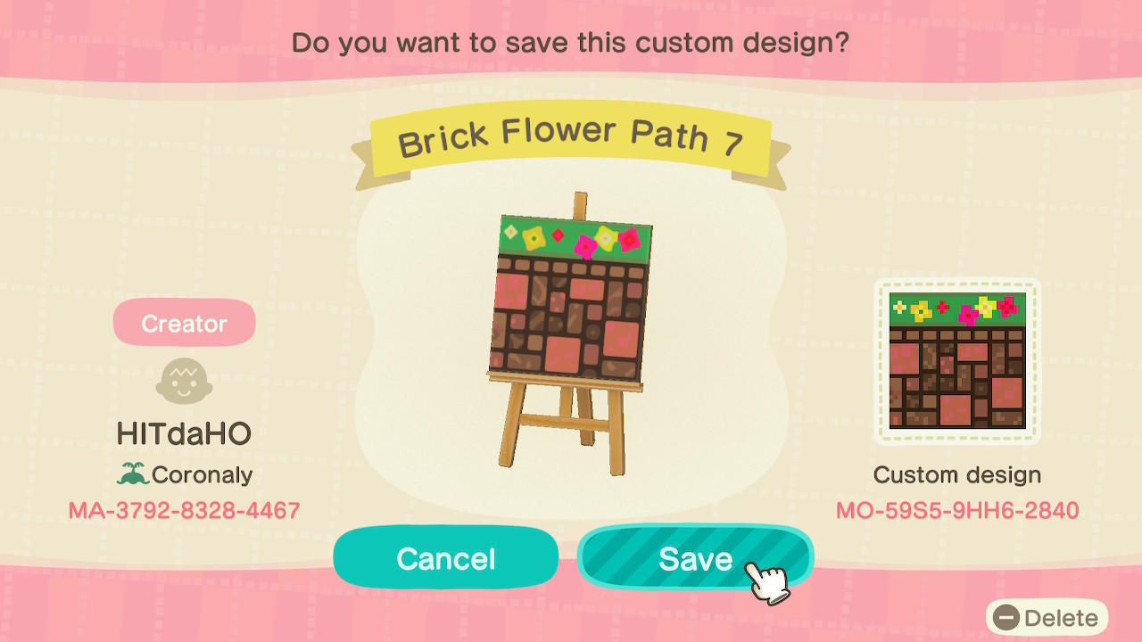 Animal Crossing Design Code: MO-59S5-9HH6-2840 Brick Flower Path 7