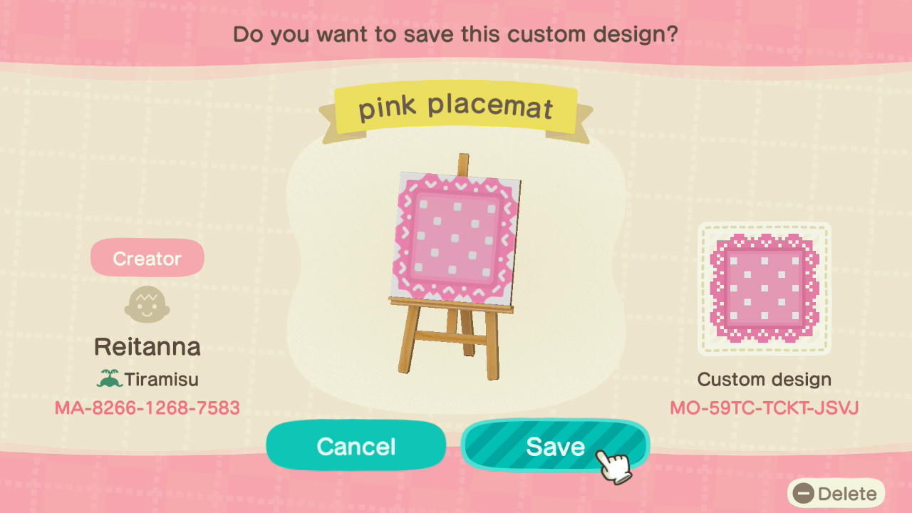 Animal Crossing Design Code: MO-59TC-TCKT-JSVJ pink placemat