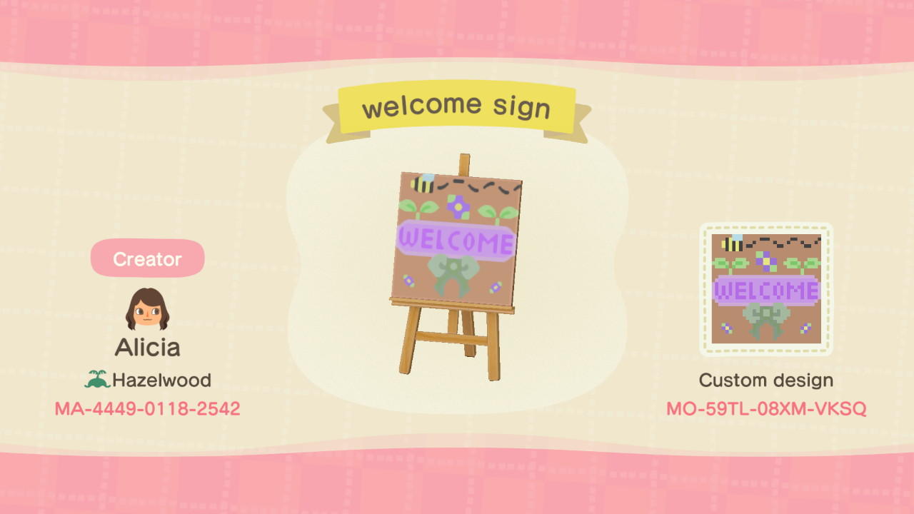 Animal Crossing Design Code: MO-59TL-08XM-VKSQ welcome sign