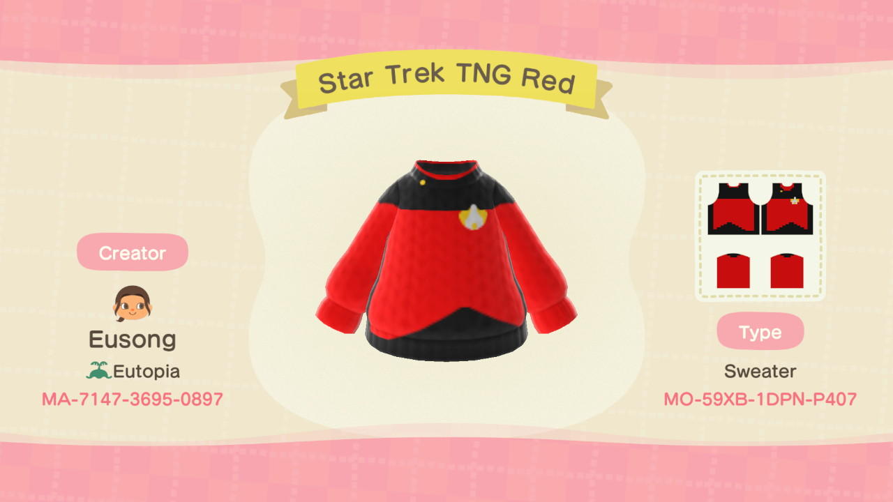 Animal Crossing Design Code: MO-59XB-1DPN-P407 Star Trek TNG Red