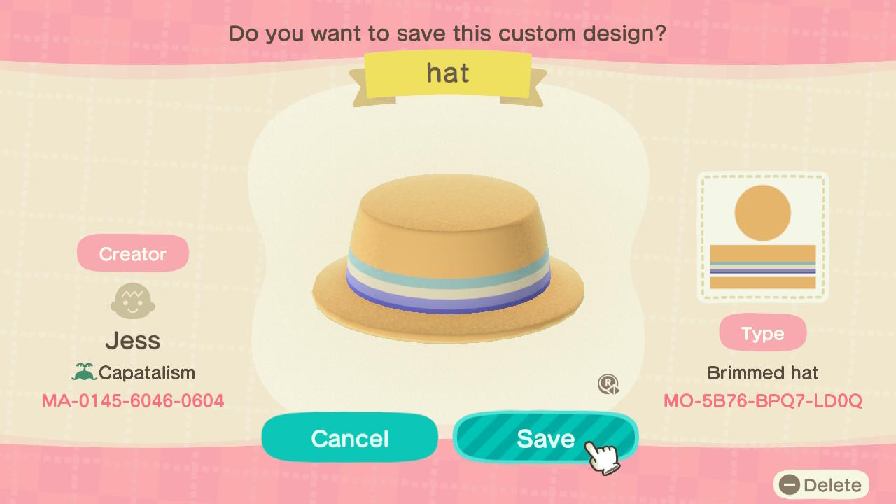 Animal Crossing Design Code: MO-5B76-BPQ7-LD0Q hat