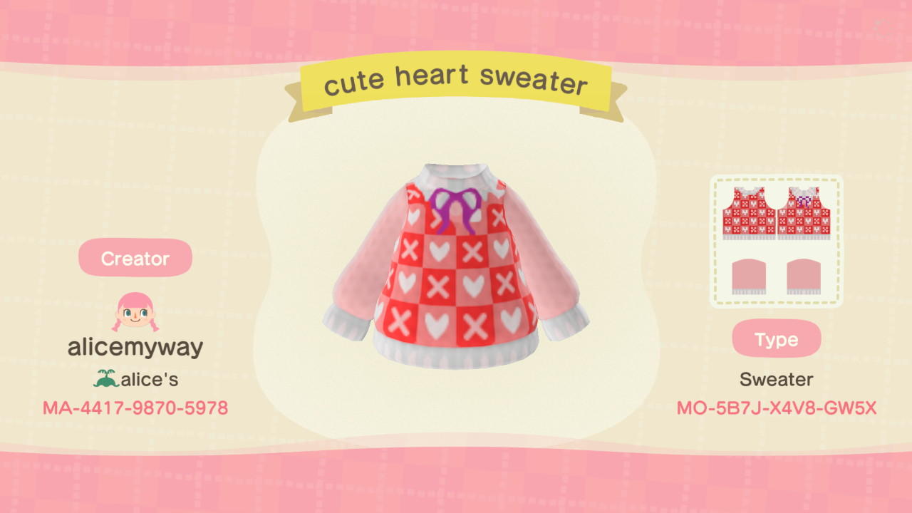 Animal Crossing Design Code: MO-5B7J-X4V8-GW5X Cute Heart Sweater