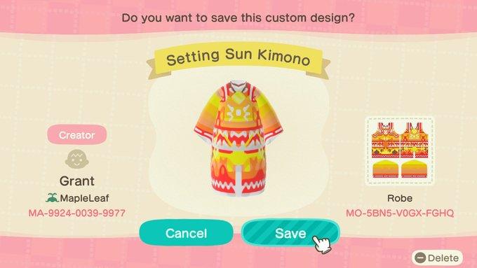 Animal Crossing Design Code: MO-5BN5-V0GX-FGHQ Setting Sun Kimono
