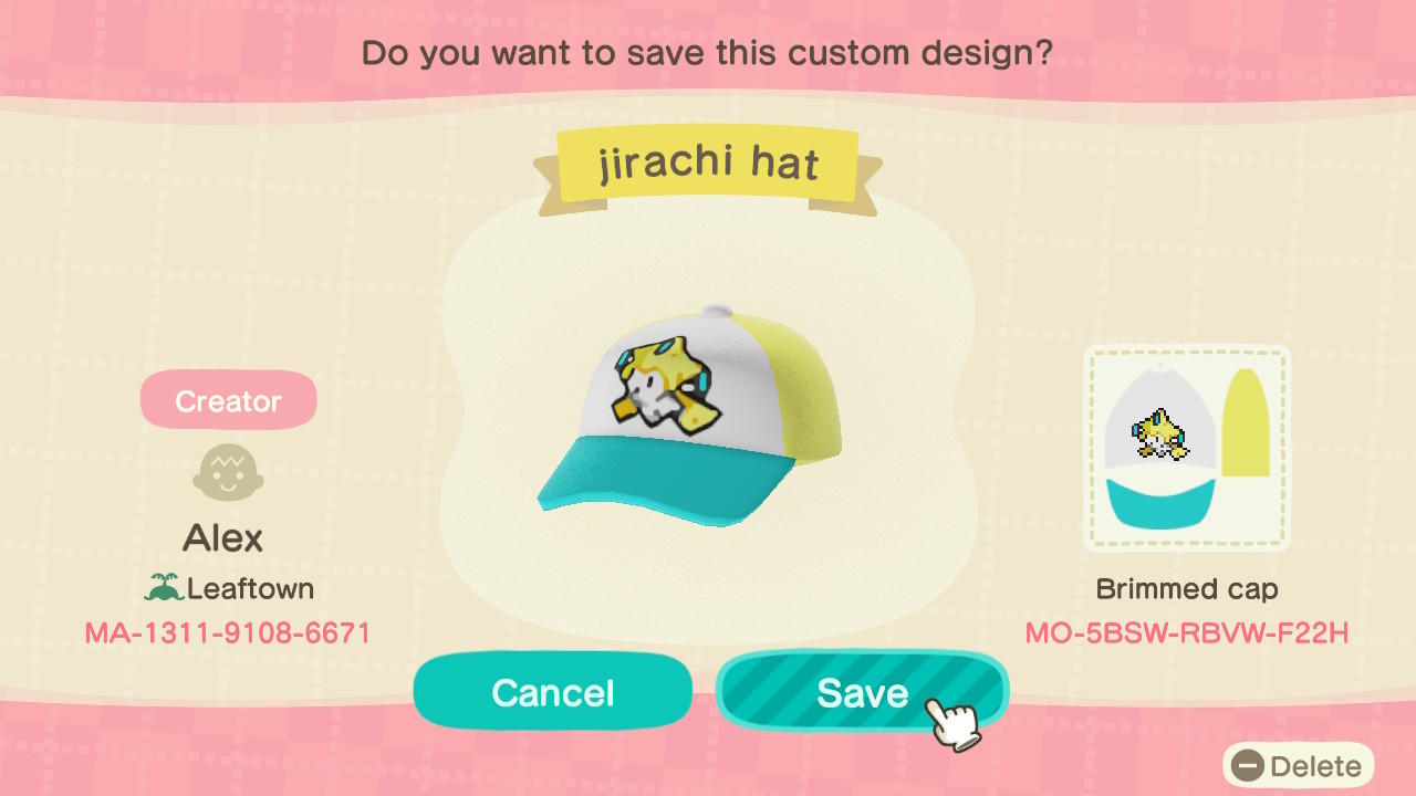 Animal Crossing Design Code: MO-5BSW-RBVW-F22H jirachi hat