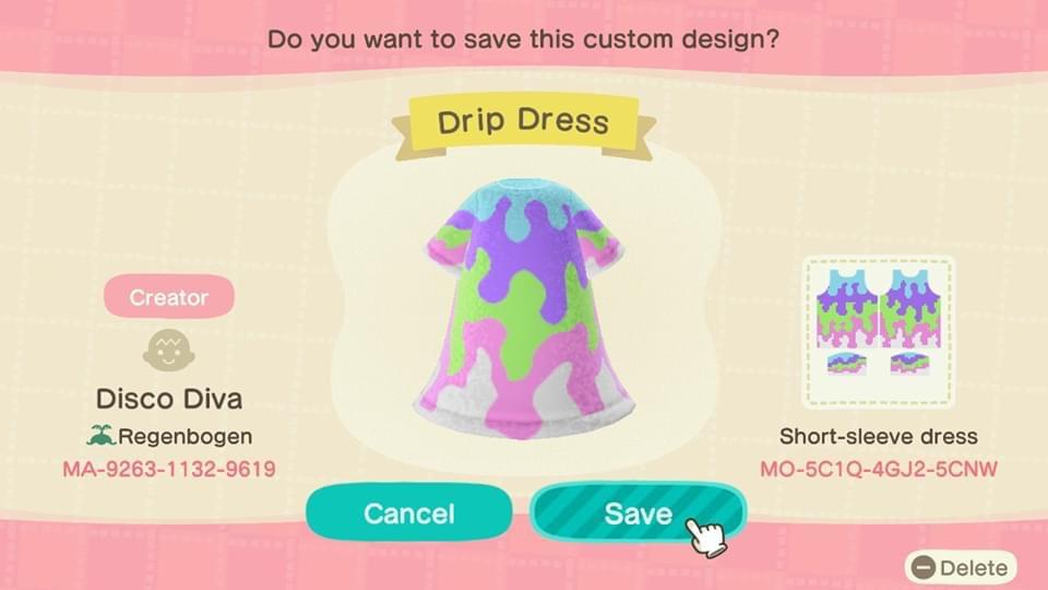 Animal Crossing Design Code: MO-5C1Q-4GJ2-5CNW Drip Dress