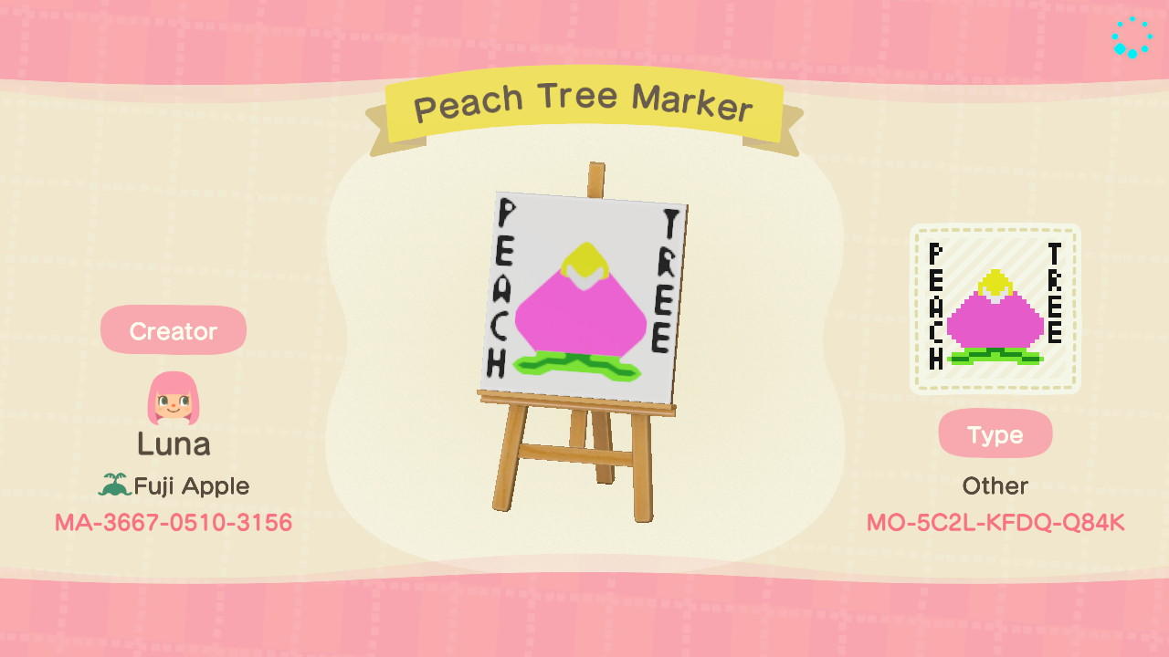 Animal Crossing Design Code: MO-5C2L-KFDQ-Q84K Peach Tree Marker