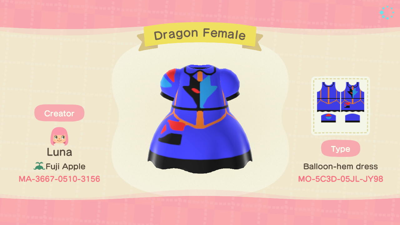 Animal Crossing Design Code: MO-5C3D-05JL-JY98 Dragon Female
