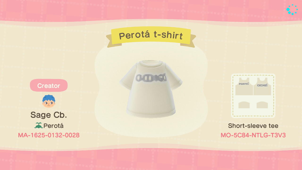 Animal Crossing Design Code: MO-5C84-NTLG-T3V3 PerotÃ¡ t-shirt