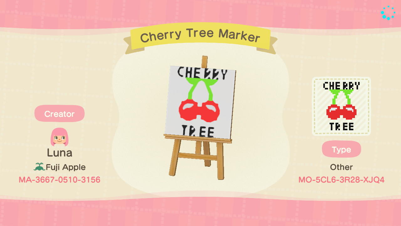 Animal Crossing Design Code: MO-5CL6-3R28-XJQ4 Cherry Tree Marker