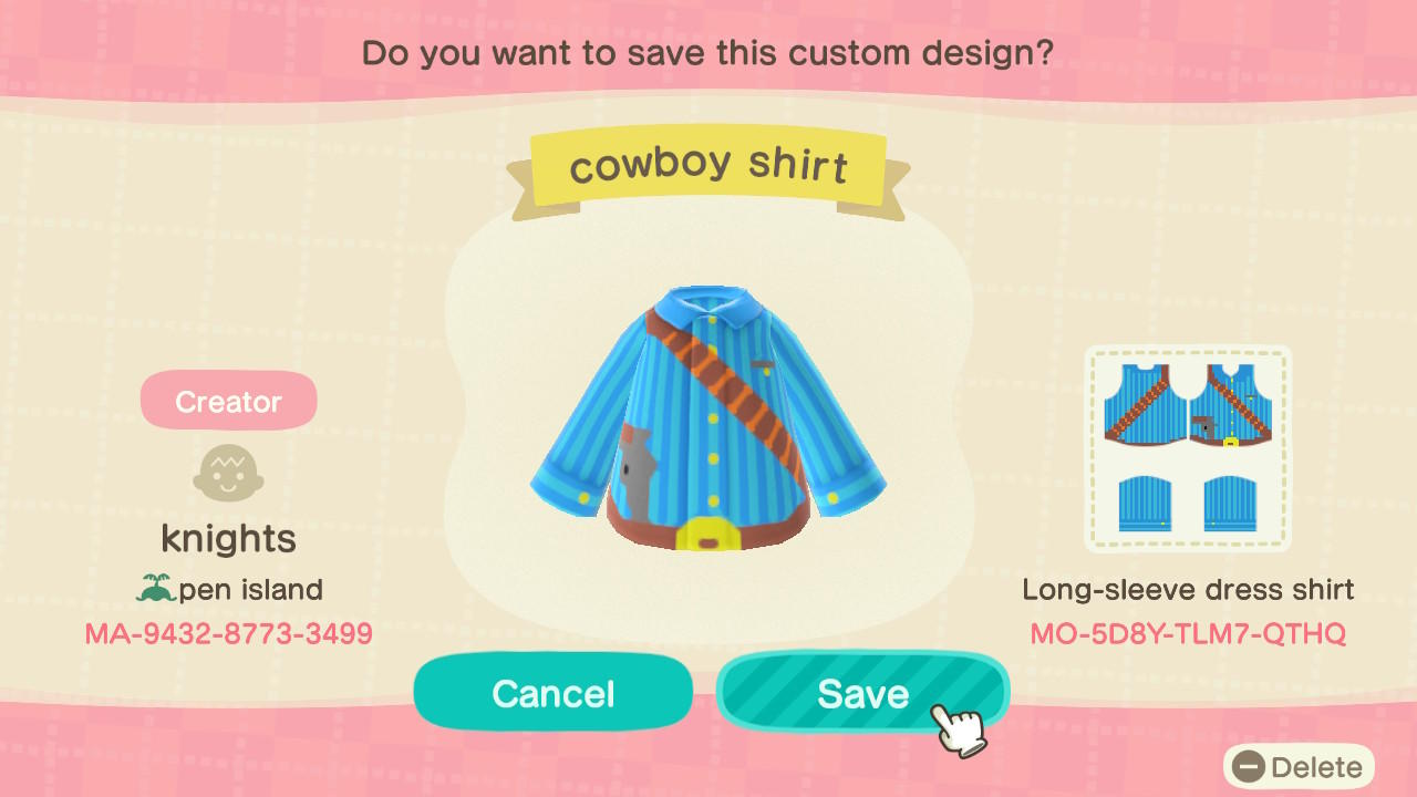 Animal Crossing Design Code: MO-5D8Y-TLM7-QTHQ COWBOY SHIRT