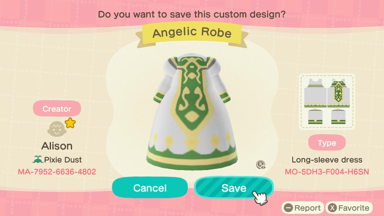 Animal Crossing Design Code: MO-5DH3-F004-H6SN Angelic Robe