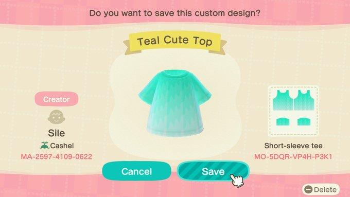 Animal Crossing Design Code: MO-5DQR-VP4H-P3K1 Teal cute top
