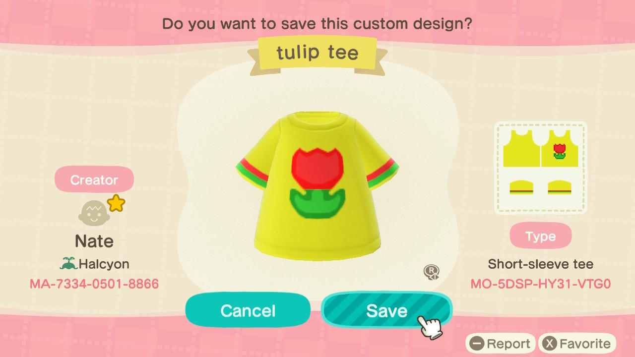 Animal Crossing Design Code: MO-5DSP-HY31-VTG0 Tulip Tee