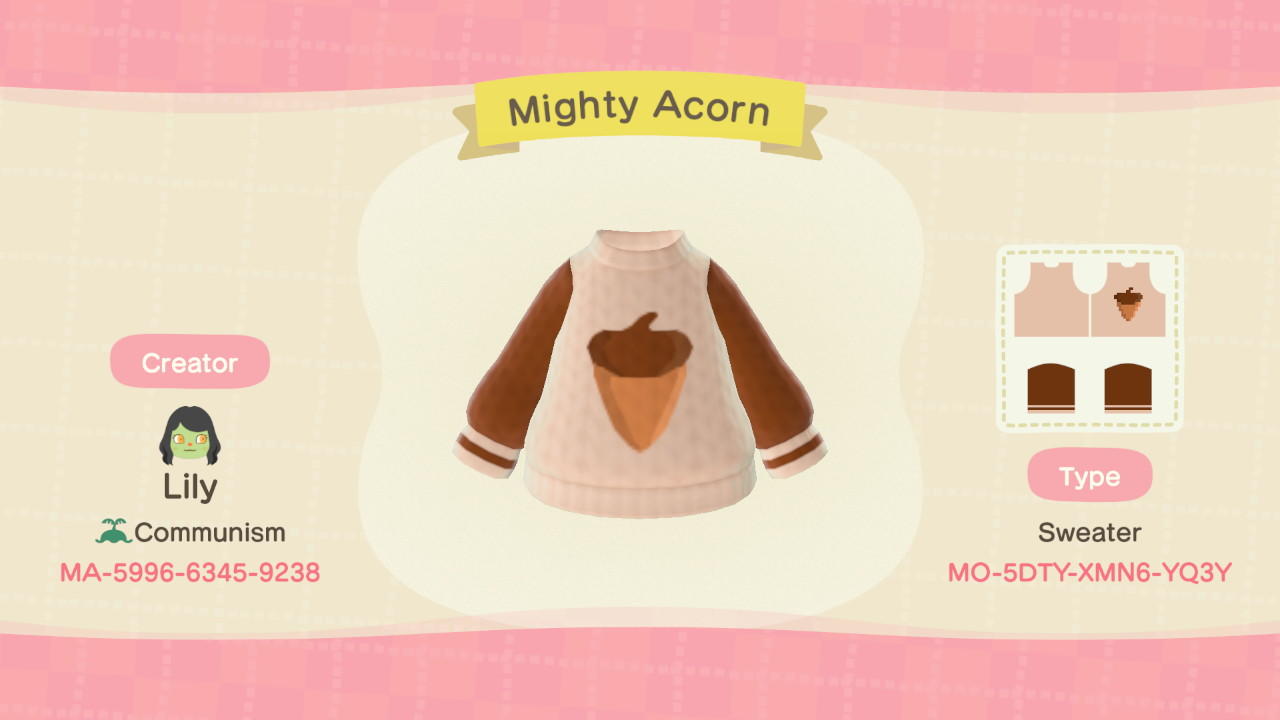 Animal Crossing Design Code: MO-5DTY-XMN6-YQ3Y Mighty Acorn
