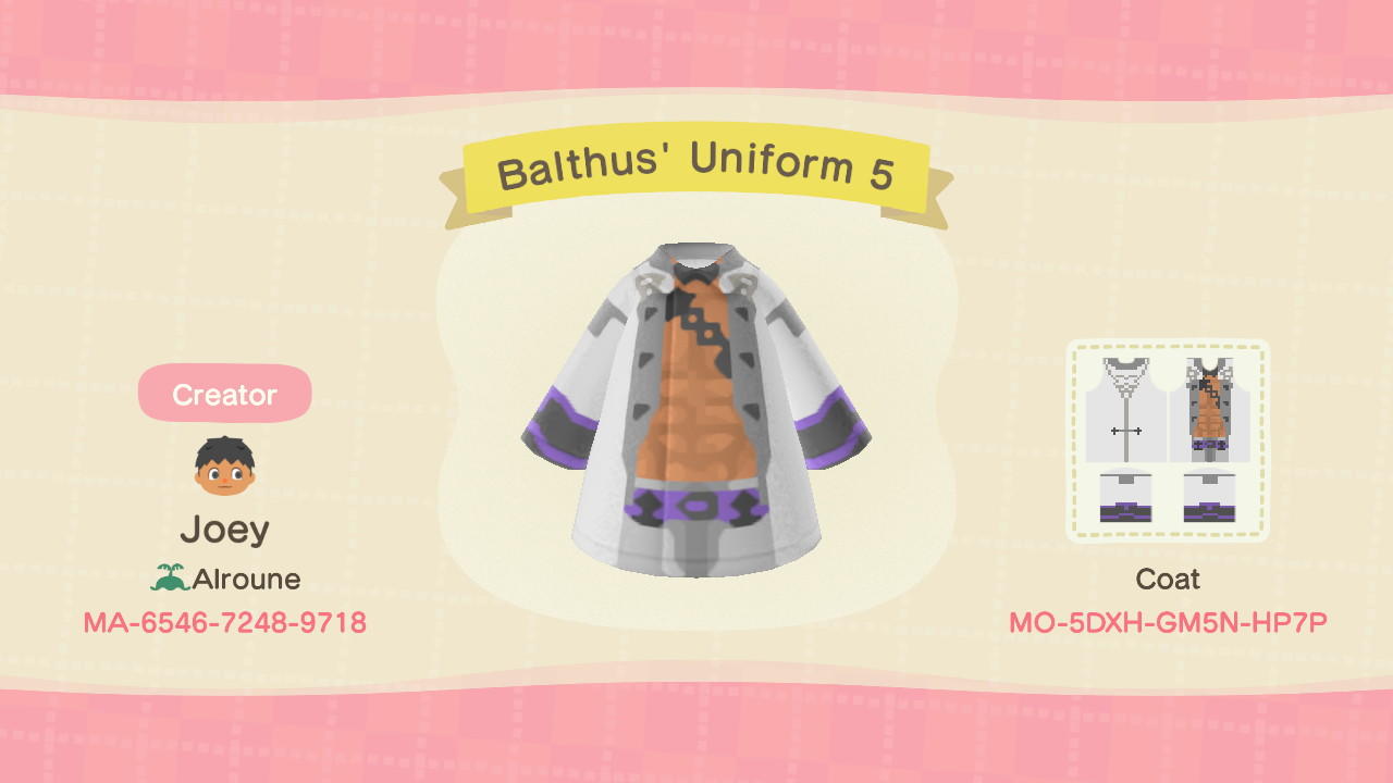 Animal Crossing Design Code: MO-5DXH-GM5N-HP7P Balthus Uniform 5