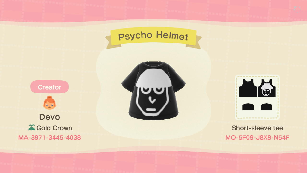 Animal Crossing Design Code: MO-5F09-J8X8-N54F Psycho Helmet