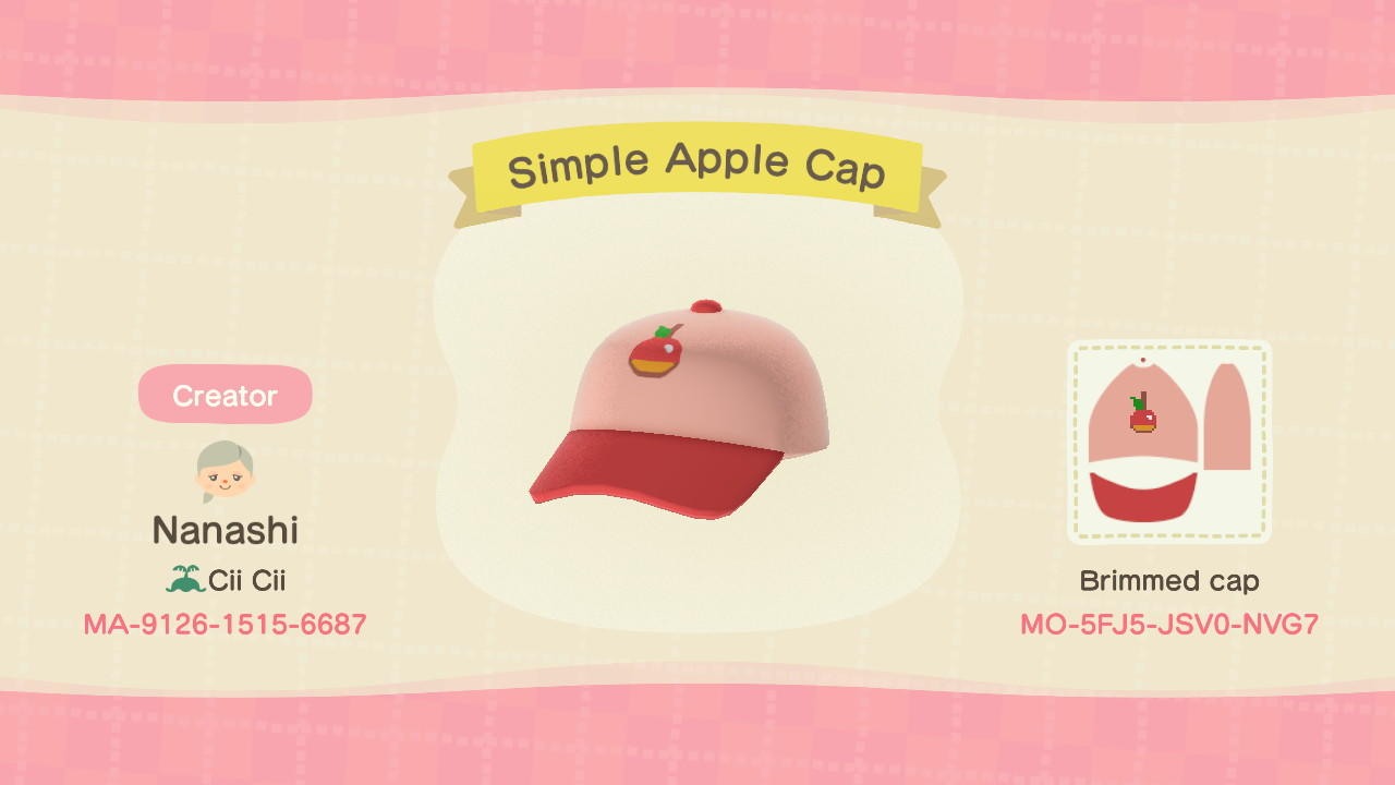 Animal Crossing Design Code: MO-5FJ5-JSV0-NVG7 Simple Apple Cap