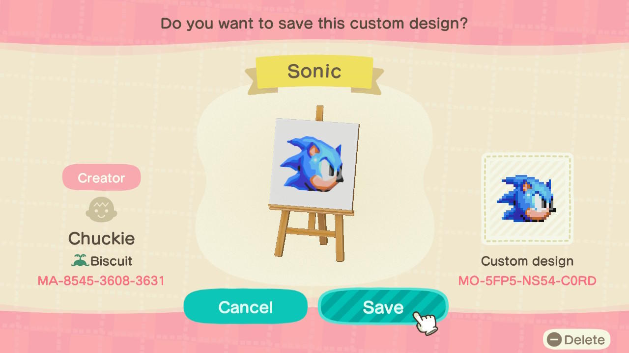 Animal Crossing Design Code: MO-5FP5-NS54-C0RD Sonic